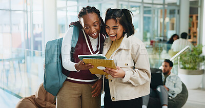 Buy stock photo Tablet, friends and college students laugh for learning, social media and funny meme online. University, technology and women together for education, reading good news and joke on internet in campus