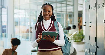 Buy stock photo Woman, university student and portrait with tablet at campus with scroll, education and smile for scholarship. Girl, happy and confidence in hallway, learning and development with app at college