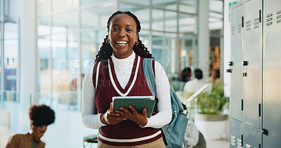 Buy stock photo Tablet, black woman and portrait of student at university with confidence for education with research. Happy, digital technology and African person with online information for studying at college.