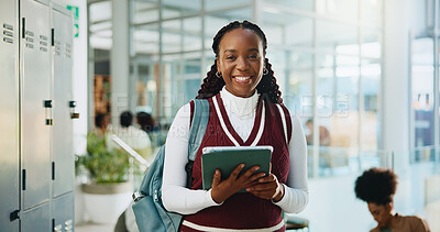 Buy stock photo Tablet, black woman and portrait of student at college with confidence for education with research. Happy, digital technology and African person with online information for studying at university.