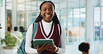 Tablet, confident and portrait of black woman at university with happiness for education with research. Smile, digital technology and African student with online information for studying at college.