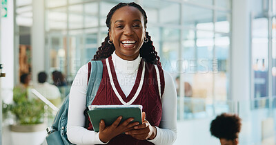 Buy stock photo Tablet, confident and portrait of black woman at university with happiness for education with research. Smile, digital technology and African student with online information for studying at college.
