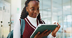 College, student and black woman with tablet, internet and email with test results, studying and digital app. University, higher education or African person with tech, online reading and elearning