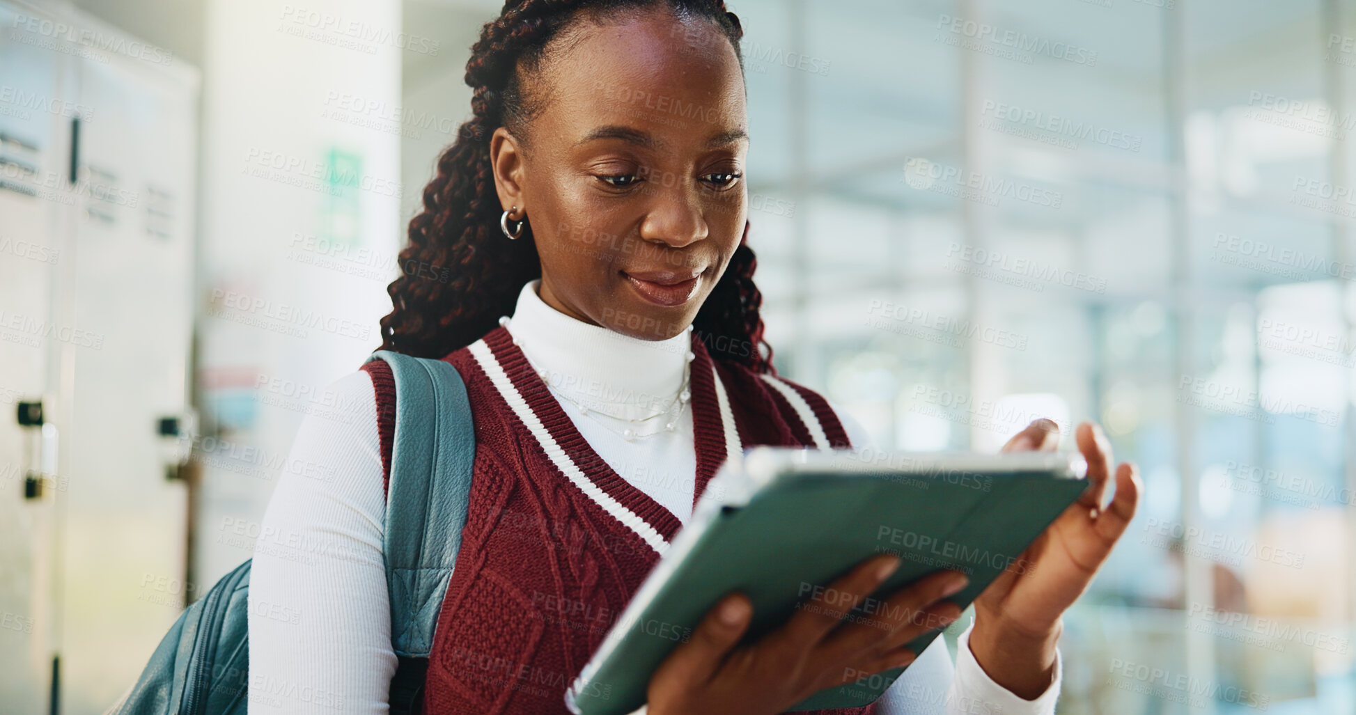 Buy stock photo College, student and black woman with tablet, internet and email with test results, studying and digital app. University, higher education or African person with tech, online reading and elearning