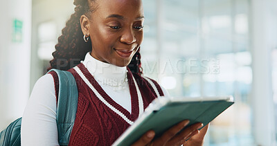 Buy stock photo University, student and black woman with tablet, online reading and email with study schedule. College, education or African person with tech, internet and digital app for elearning and social media