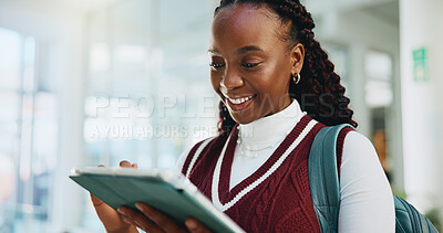 Buy stock photo College, student and black woman with tablet, smile or email with test results, opportunity or internet. University, higher education or person with tech, elearning or connection with online reading
