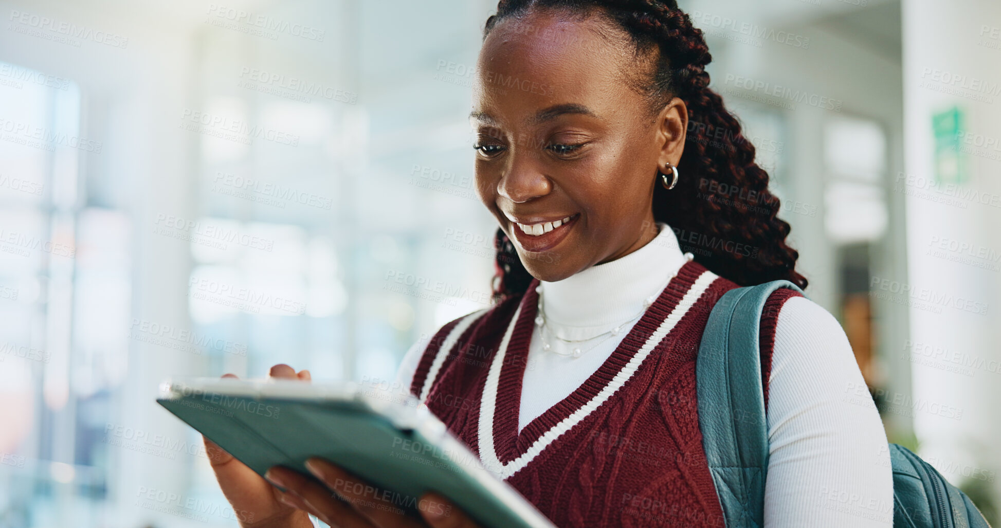 Buy stock photo College, student and black woman with tablet, smile or email with test results, opportunity or internet. University, higher education or person with tech, elearning or connection with online reading