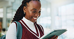 Education, student and woman with tablet, university and research for assignment on website and app. Pupil, browsing and black person with tech for exam preparation, learning and happy in college