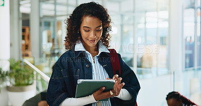 Buy stock photo Student, online and woman with tablet, university or research for assignment on website or browsing. Education, pupil and person with tech for exam preparation, learning and scroll on app in college
