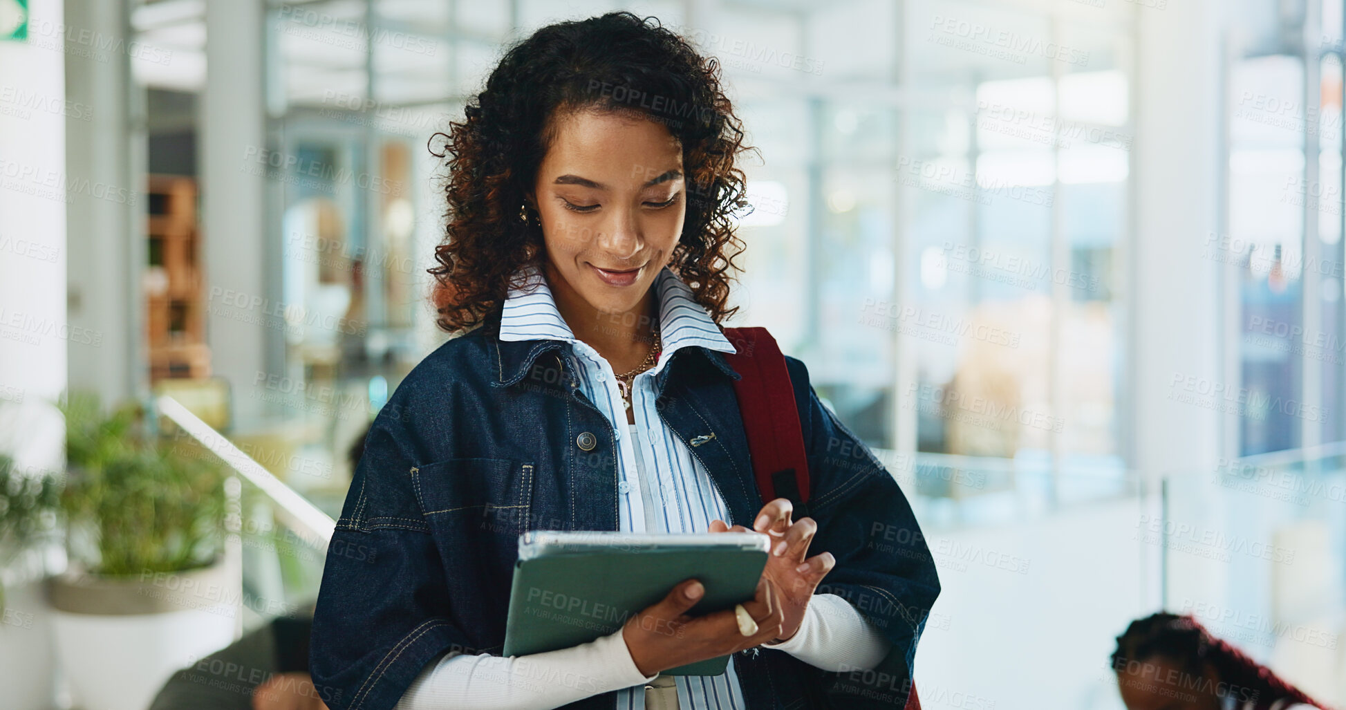 Buy stock photo Student, online and woman with tablet, university or research for assignment on website or browsing. Education, pupil and person with tech for exam preparation, learning and scroll on app in college