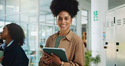 Buy stock photo Tablet, woman and portrait of lecturer at university with confidence for career in education. Happy, research and female teacher with tech for exam, test or assignment tutoring at college campus.