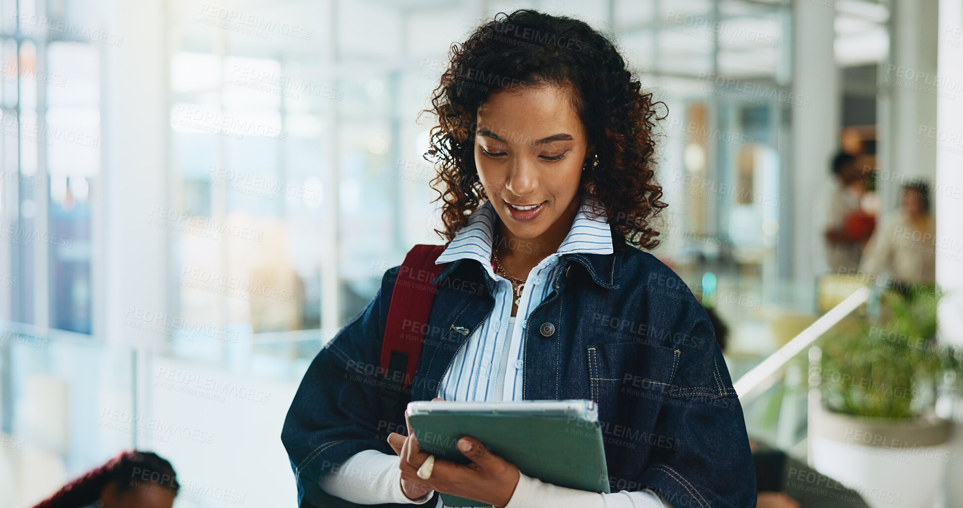 Buy stock photo Education, student and woman with tablet, online and research for assignment on website or browsing. Happy, pupil and person with tech for exam preparation, learning and scroll on app in college
