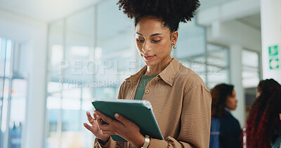 Buy stock photo Education, student and woman with tablet, college or research for assignment on website or browsing. Scroll, online and African person with tech for exam preparation, learn and reading in university
