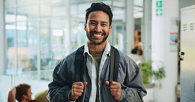 Buy stock photo Happy, man and portrait of student at university with confidence for education with knowledge. Backpack, smile and male person from Brazil with studying for exam, test or assignment at college.
