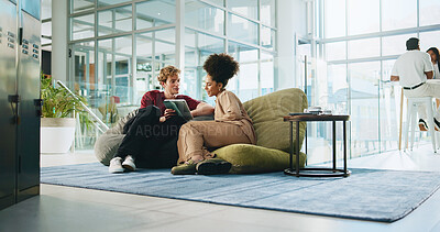 Buy stock photo People, students and relax with tablet at college for research, exam preparation and studying. Man, woman and digital for team project, online results and education schedule for university assignment