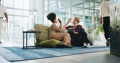 Buy stock photo High five, support and tablet with students in college for test results, study group and education tutor. University friends, scholarship success and online with people in lounge for exam target