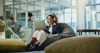 Buy stock photo Laptop, smile and video call with student in college for streaming, online class and study webinar. University, digital course and elearning with woman and headphones for virtual lesson and exam