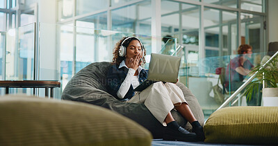 Buy stock photo Woman, student and laptop for video call at college, online course and elearning for education. Female person, headphones and blow kiss on webinar, virtual chat and listen for knowledge at university