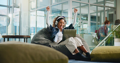 Buy stock photo Woman, student and fist pump with laptop at college for results of assignment, exam and assessment. Excited, female person and digital for online mark, pass test and scholarship funding at university
