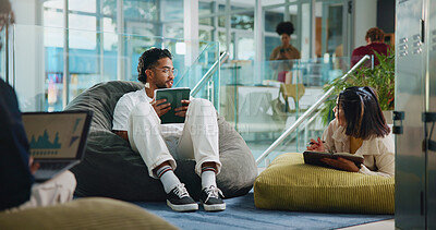 Buy stock photo People, students and relax with tablet at campus for planning, research and prepare for exams. Friends, digital and notes for studying, team project and problem solving for test at university lounge