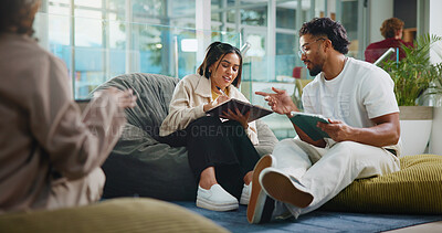 Buy stock photo People, students and talk with tablet at college for research, exam preparation and studying. Man, woman and digital for team project, online results and education schedule for university assignment