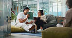 People, students and reading on tablet at college for research, exam preparation and studying. Man, woman and digital for team project, online results and education schedule for university assignment