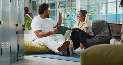 Buy stock photo High five, success and tablet with students in college for test results, study session and education tutor. University friends, scholarship support and online with people in lounge for exam target