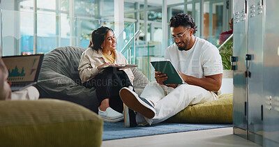 Buy stock photo People, students and smile with tablet at college for research, exam preparation and studying. Man, woman and digital for team project, online results and education schedule for university assignment