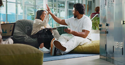 Buy stock photo High five, friends and tablet with students in college for test results, study session and education tutor. University success, scholarship support and online with people in lounge for exam target