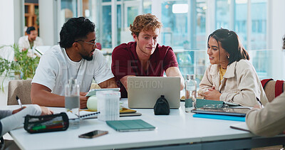 Buy stock photo Students, college or study group with laptop in cafeteria for peer learning, education or research. University, people and tech with feedback for essay assignment, thesis planning or test preparation