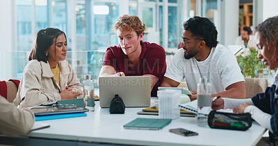 Buy stock photo Students, university or study group with laptop in cafeteria for learning, education or course help. College, people and tech on campus for essay research, literature review and assignment discussion