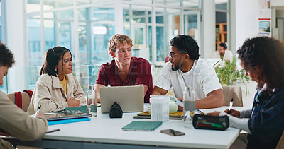 Buy stock photo Students, discussion or study group with laptop in cafeteria for learning, education or course help. College, people and tech on campus for thesis research, literature review and brainstorming essay
