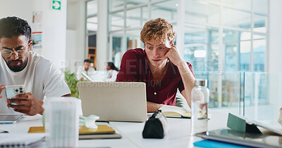 Buy stock photo Student, laptop and bored with learning at college for exam study, low energy or education fatigue. University, man or technology on campus with assignment burnout, essay research or difficult course