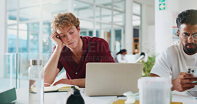 Buy stock photo Student, laptop and bored with learning at university for test study, sleepy or education fatigue. College, man and low energy on campus with assignment burnout, thesis research and difficult course