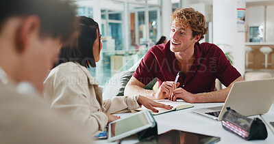 Buy stock photo People, students and talk with laptop at college for research, exam preparation and studying. Man, woman and advice for group project, online results and education schedule for university assignment