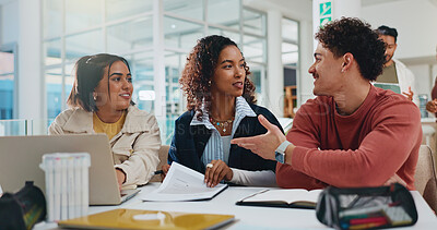 Buy stock photo People, students and talk with laptop at college for research, prepare for exam and study group. Friends, explain and project information, online results and education quiz for university assignment
