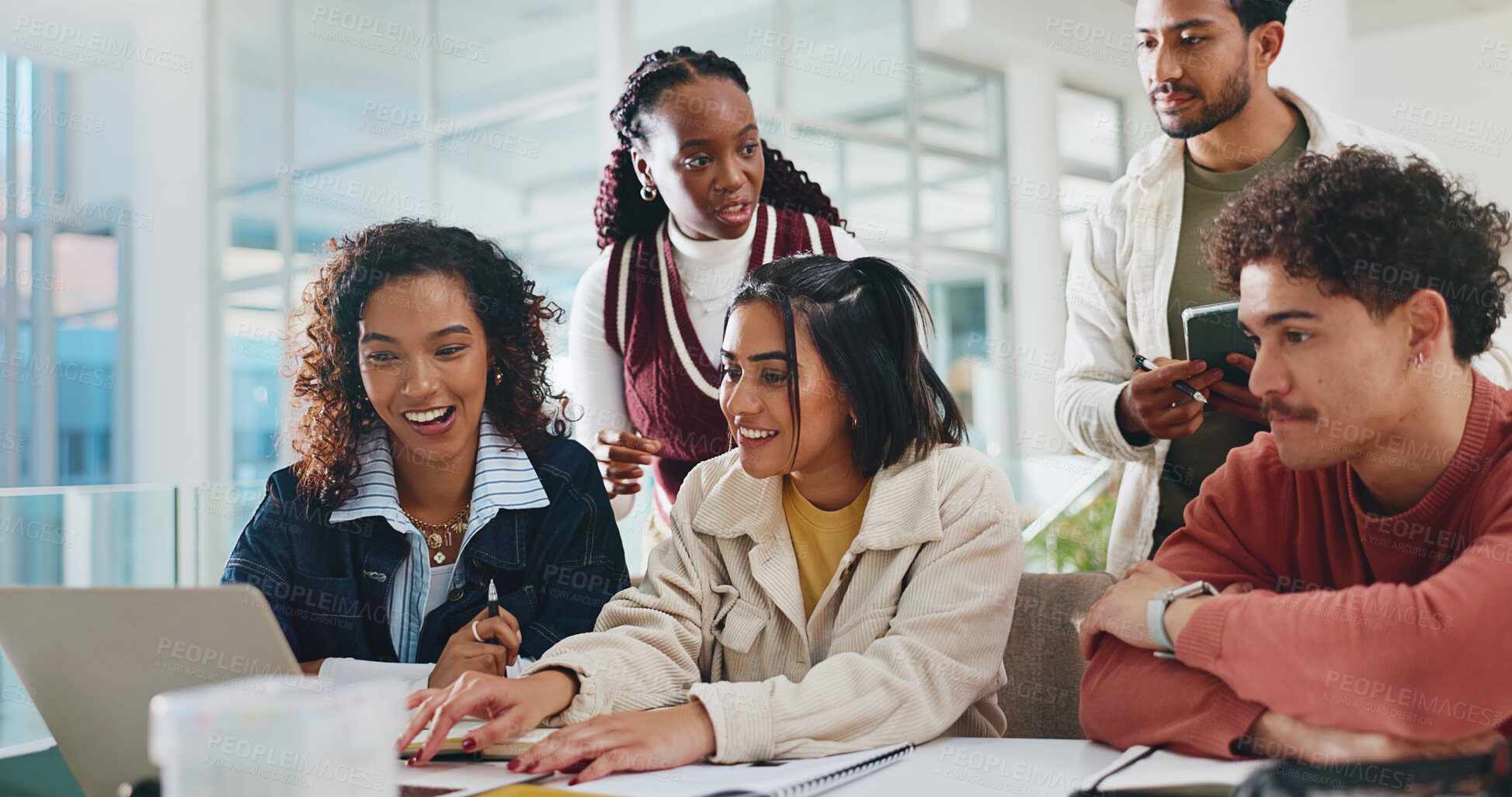 Buy stock photo People, students and friends with laptop for college, study group and tech in cafeteria. Men, women and talk with help, scholarship and assignment research for university project or online learning