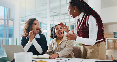 Buy stock photo Woman, group and applause with college project, achievement or motivation for success at campus. Girl, excited students and friends with celebration, assessment results and study goals at university