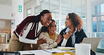 Women, university and students with laptop, excited and achievement with email for test results. People, group and friends with computer, education goals and scholarship with feedback for bursary