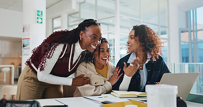 Buy stock photo Women, university and students with laptop, excited and achievement with email for test results. People, group and friends with computer, education goals and scholarship with feedback for bursary