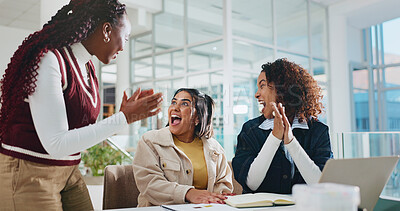 Buy stock photo People, students and applause with laptop at college for assignment results, exam and assessment. Surprise, friends and pc with email for online mark, pass test and scholarship funding at university