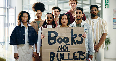 Buy stock photo Protest, sign and support with portrait of students for school shooting, awareness and justice. Community, gun violence and revolution with people and poster for peace, honor and memory of victims