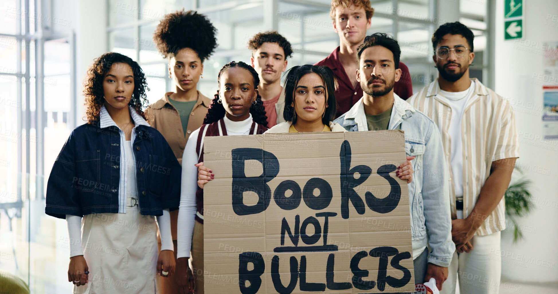 Buy stock photo Protest, sign and support with portrait of students for school shooting, awareness and justice. Community, gun violence and revolution with people and poster for peace, honor and memory of victims
