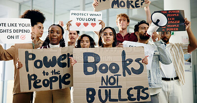 Buy stock photo Protest, poster and support with portrait of students for school shooting, awareness and justice. Community, gun violence and revolution with people and sign for peace, honor and memory of victims