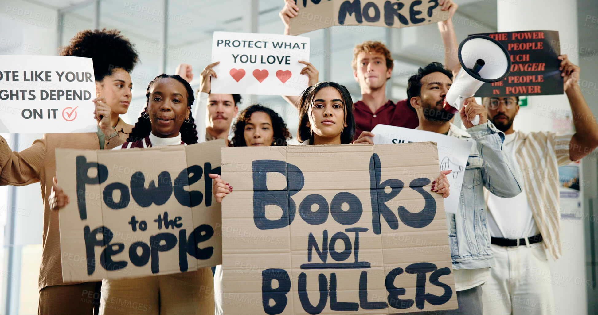 Buy stock photo Protest, poster and support with portrait of students for school shooting, awareness and justice. Community, gun violence and revolution with people and sign for peace, honor and memory of victims