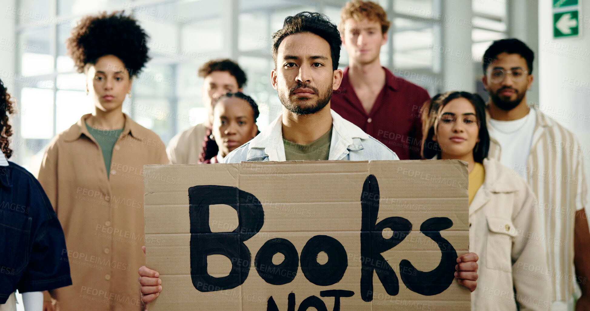 Buy stock photo Protest, poster and man with portrait of students for school shooting, awareness and justice. Community, gun violence and revolution with people and sign for peace, honor and memory of victims