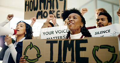 Buy stock photo Protest, poster and group of people with march for recycling, social justice or political awareness. Voice, shout and crowd of students with megaphone and signs for revolution, equality or support.