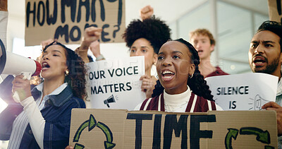 Buy stock photo Social justice, protest and people with megaphone, movement or community with opinion for awareness. Revolution, group and loudspeaker for announcement of human rights, attention and demonstration