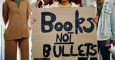 Buy stock photo Protest, poster and support with students or activist for school shooting, awareness and justice. Community, gun violence and revolution with people and sign for peace, honor and memory of victims