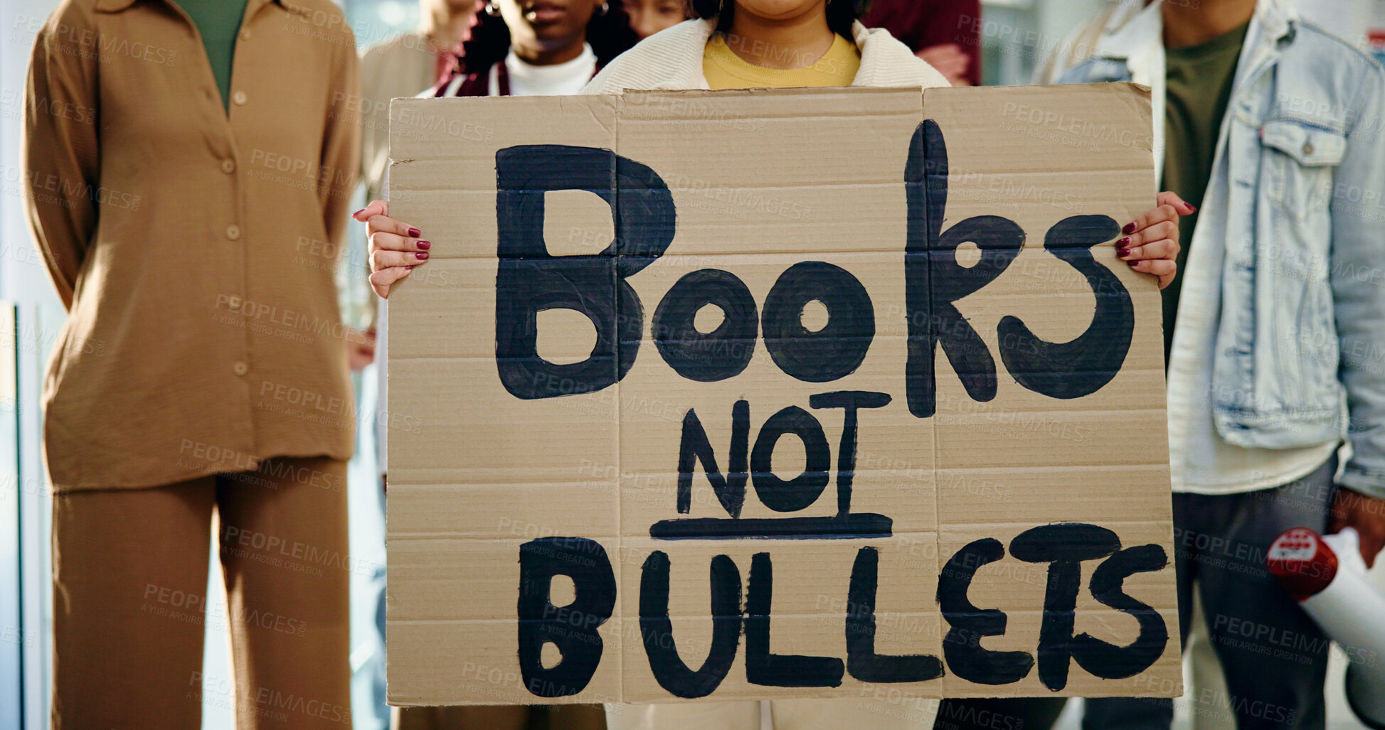 Buy stock photo Protest, poster and support with students or activist for school shooting, awareness and justice. Community, gun violence and revolution with people and sign for peace, honor and memory of victims